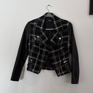 Bebe Plaid Blazer with Faux Leather Sleeves
